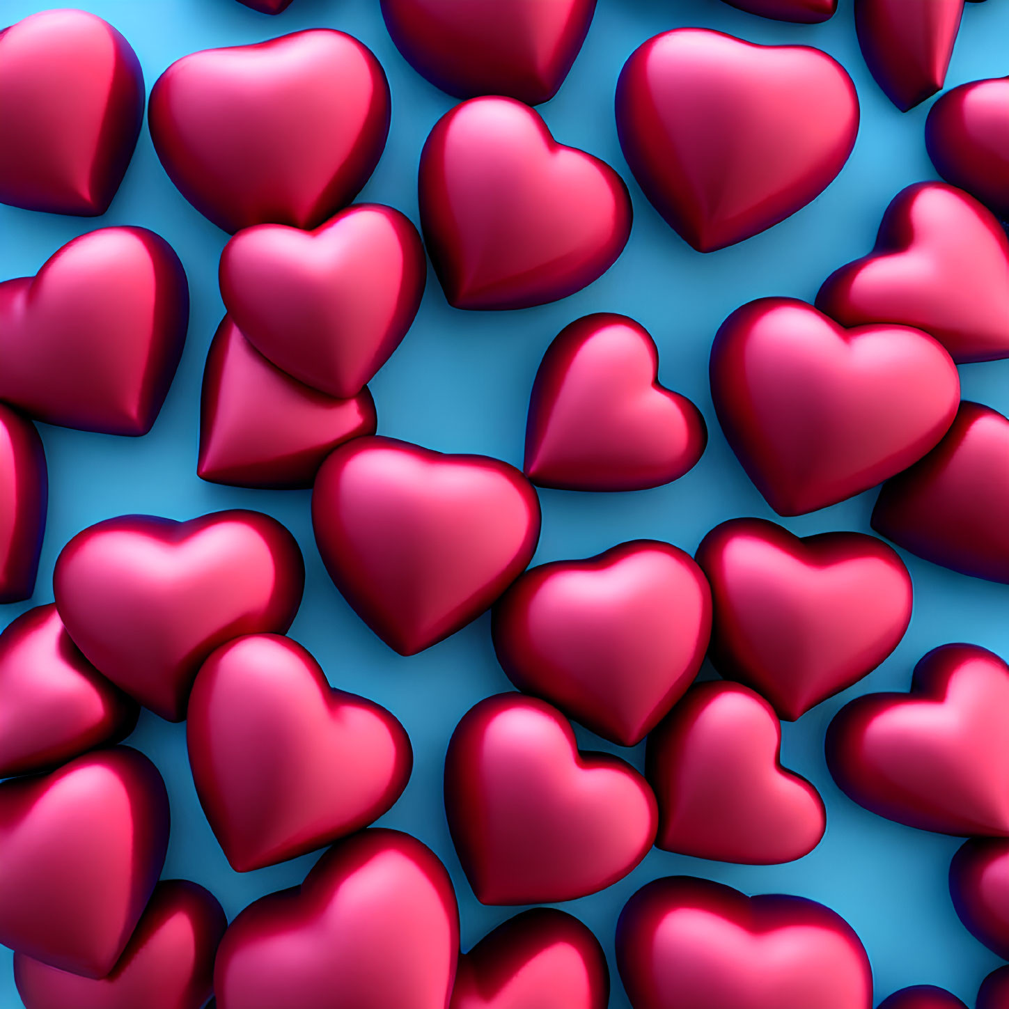 Vivid Blue Background with Scattered Glossy Red Hearts