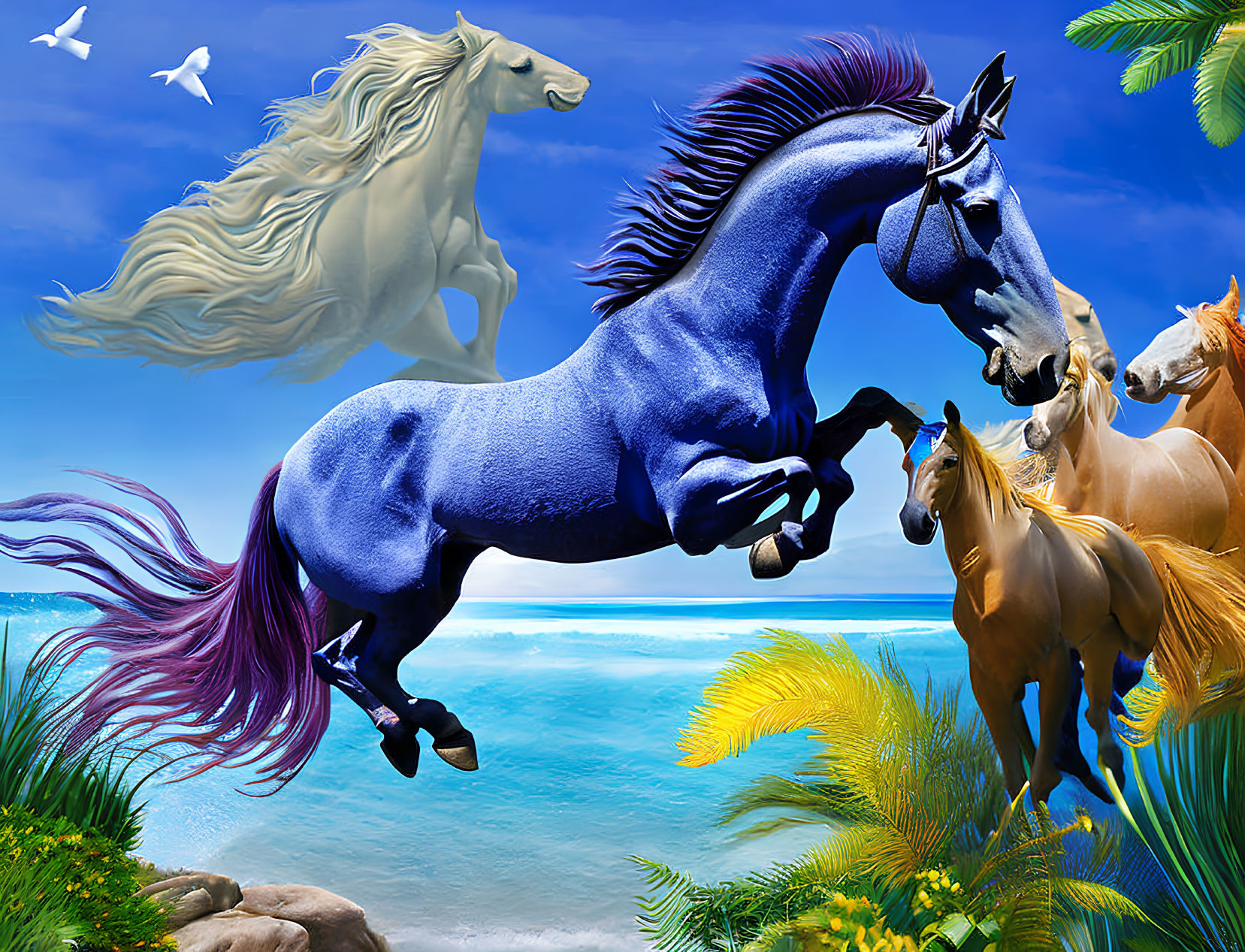 Colorful Horse Artwork Featuring Tropical Ocean Scene