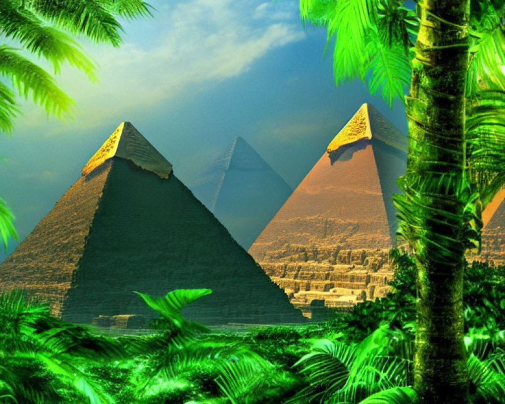 Iconic Great Pyramids of Giza framed by lush green foliage under clear sky