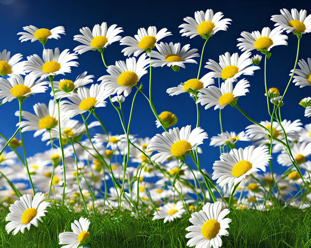 Beautiful White Daisies Field Against Blue Sky