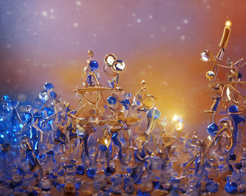 Vibrant golden and blue humanoid figures in dynamic poses with musical instruments