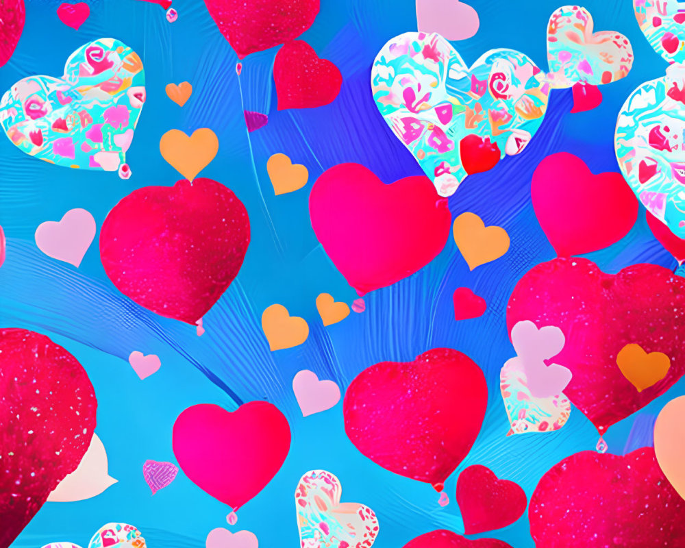 Colorful Heart-Shaped Balloon Collage on Blue Textured Background