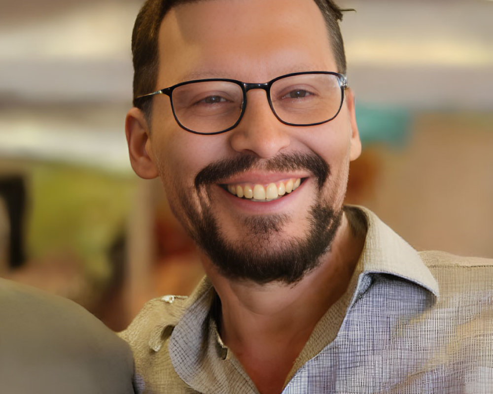 Smiling man with glasses, beard, and mustache in gray shirt