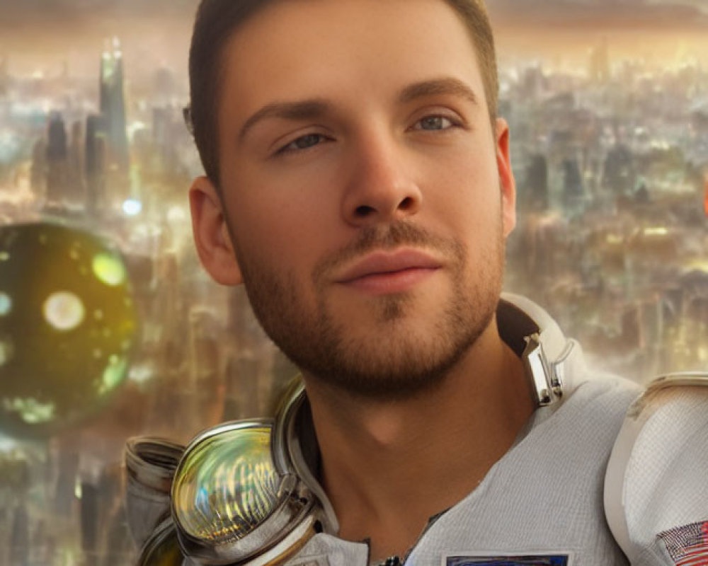 Male astronaut in spacesuit against futuristic cityscape.