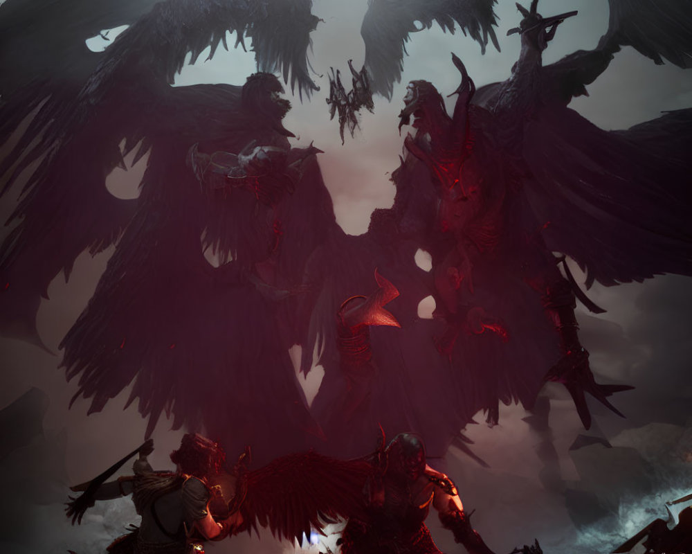 Fantasy Scene: Winged Demons and Warriors in Hellish Landscape