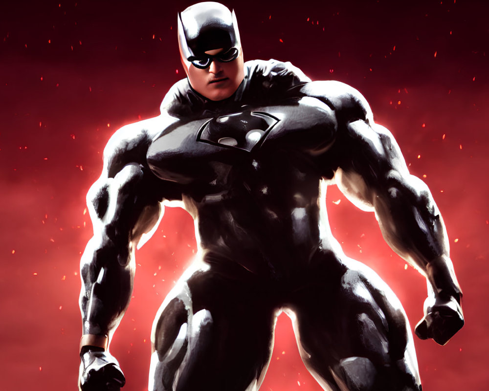 Exaggerated muscular Batman illustration on dark red backdrop