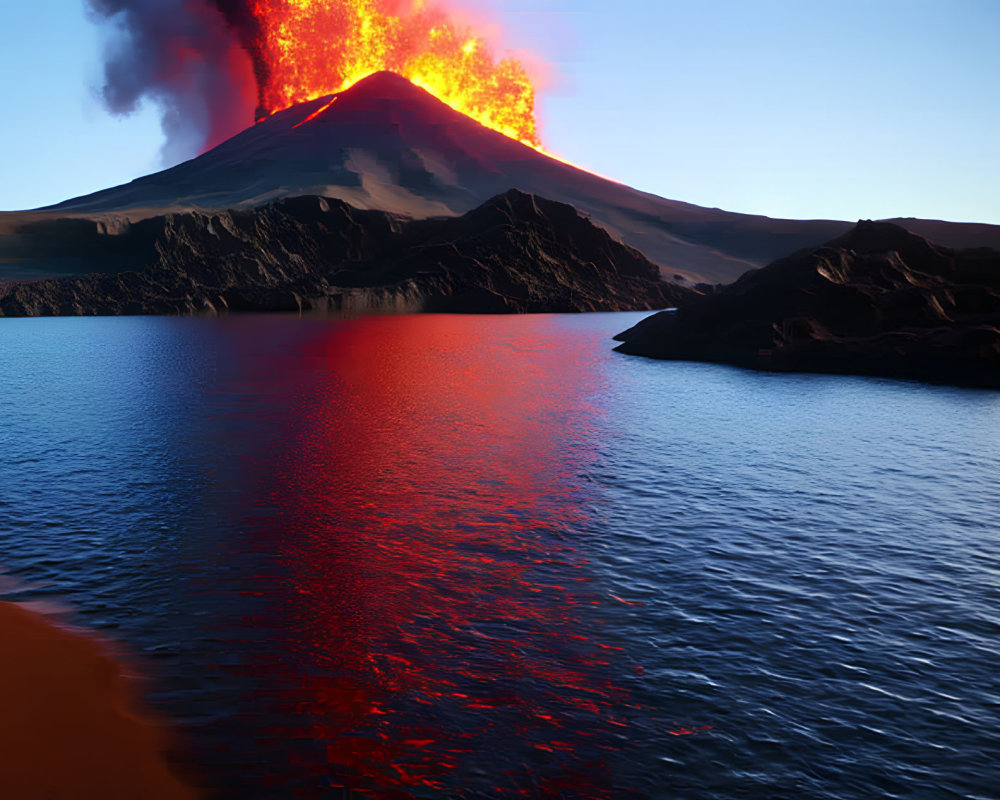 Twilight volcanic eruption with lava flowing into water