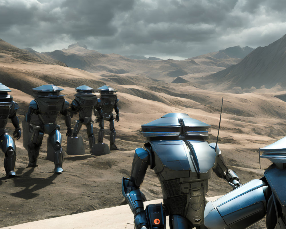 Blue and Black Armored Robots in Desert Landscape with Dark Hills