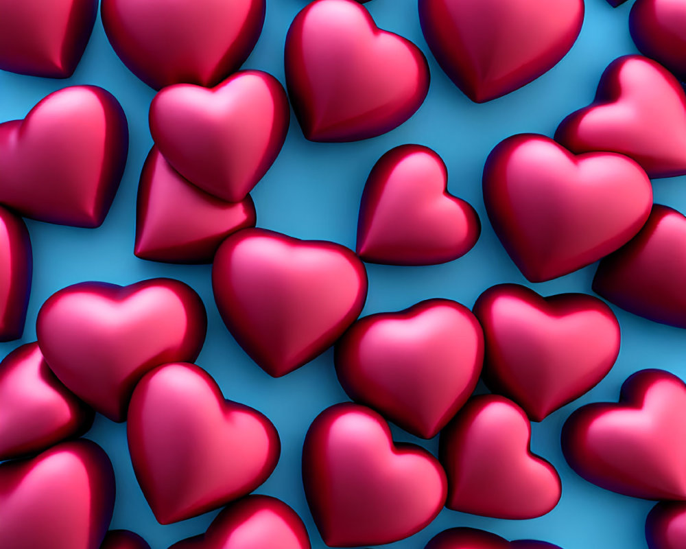 Vivid Blue Background with Scattered Glossy Red Hearts