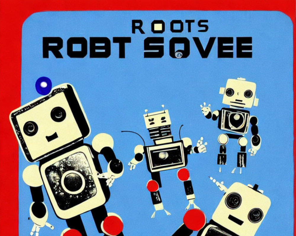 Vintage-style Cartoon Robots on Split Red and Blue Background