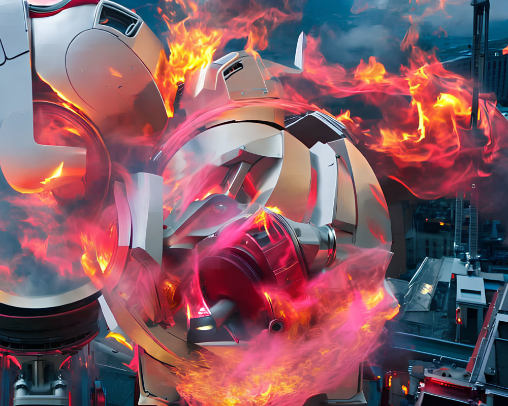 Futuristic white and red robot in fiery battle scene