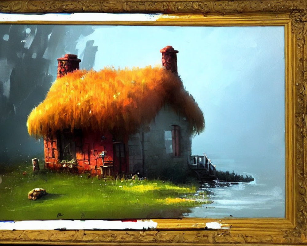 Thatched roof cottage digital painting in golden frame on easel