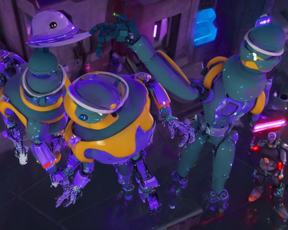 Futuristic robots in purple room with thumbs-up gesture and small character holding red weapon.