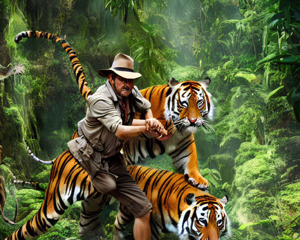 Explorer in hat playfully wrestling with friendly tigers in lush jungle