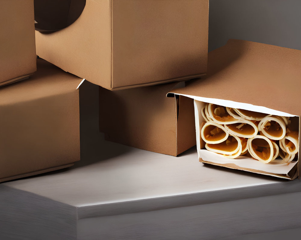 Stacked Cardboard Boxes with Spilled Packing Tape on White Surface