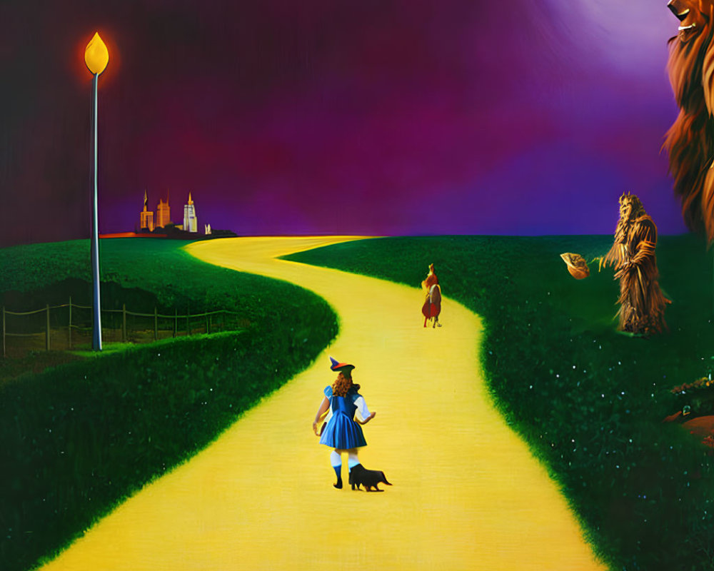 Wizard of Oz characters on Yellow Brick Road with purple sky