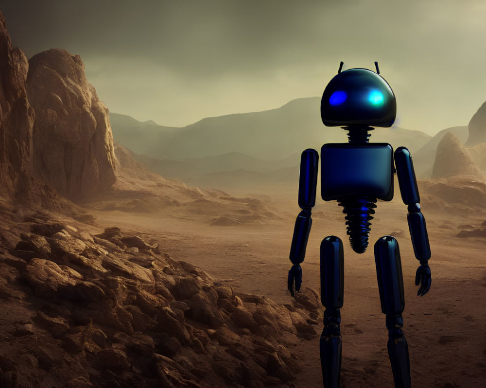 Humanoid robot on Mars-like rocky landscape with hazy sky