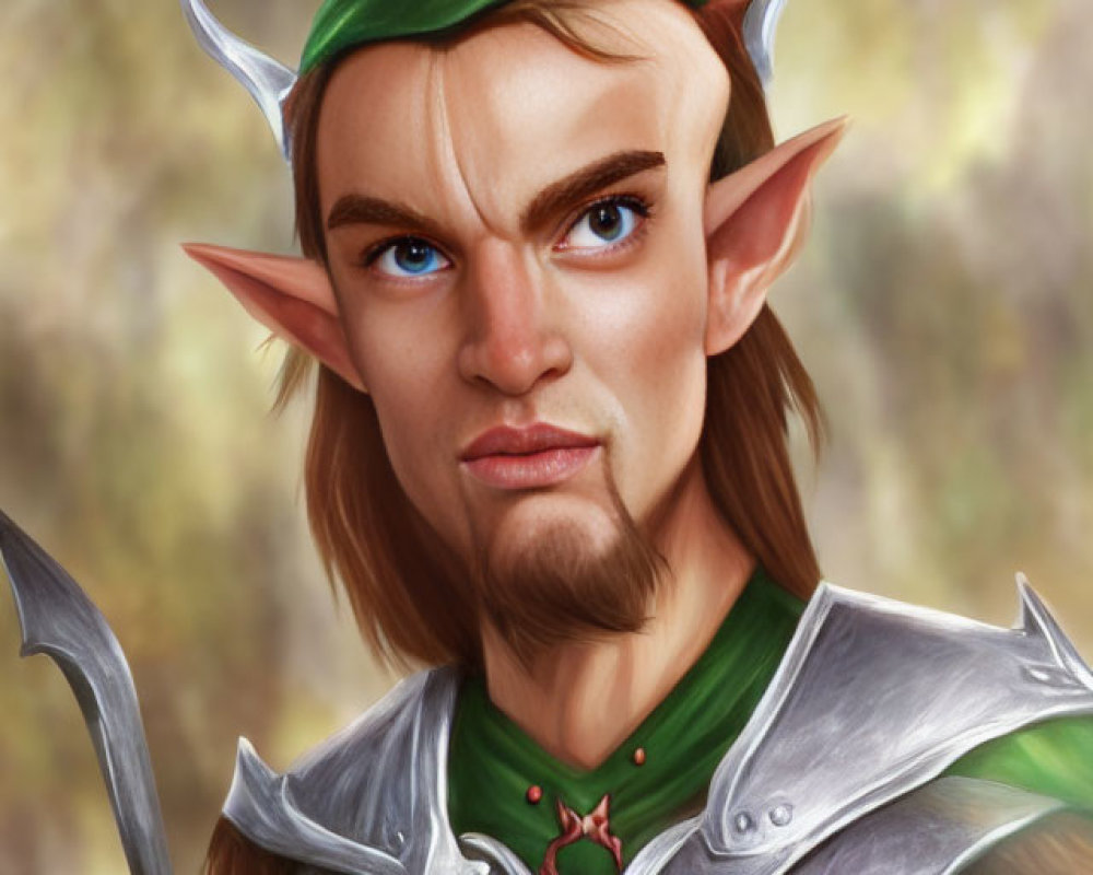 Elf with pointed ears in green tunic and silver armor holding a spear in forest.