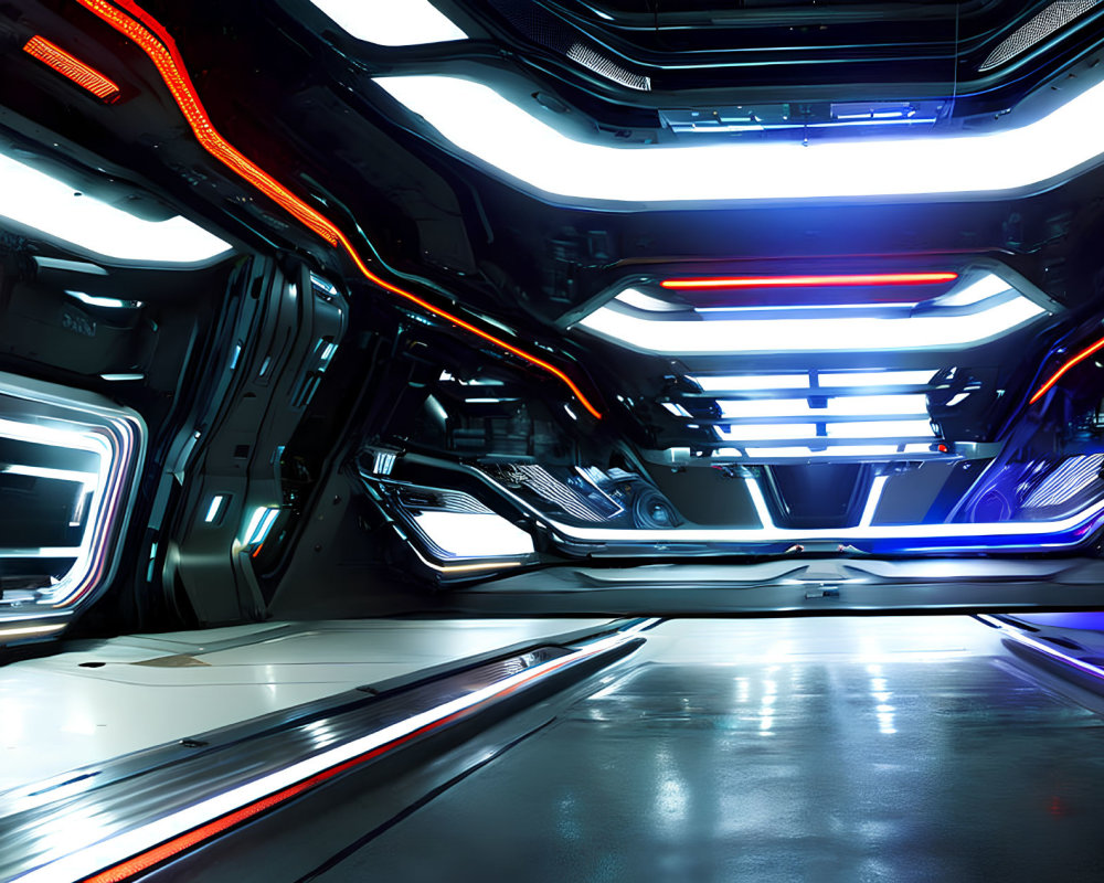 Futuristic corridor with metallic surfaces and neon lights