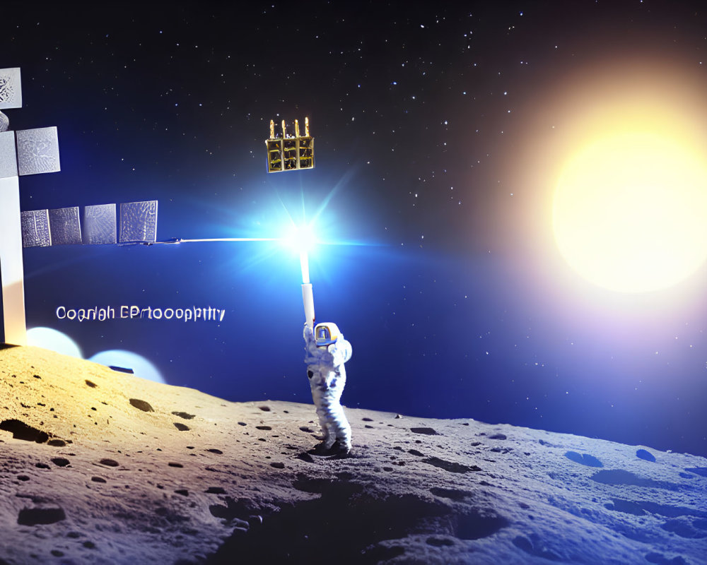 Astronaut taking selfie on lunar surface with Earth's satellite array and bright sun.