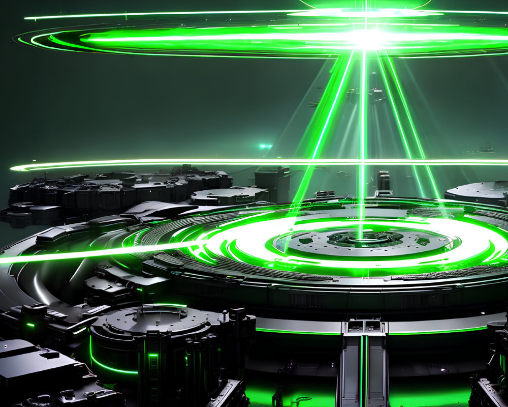 Futuristic cityscape with glowing green circles and light beams