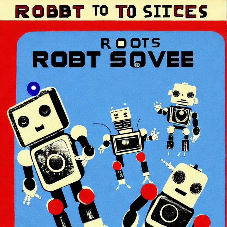 Vintage-style Cartoon Robots on Split Red and Blue Background