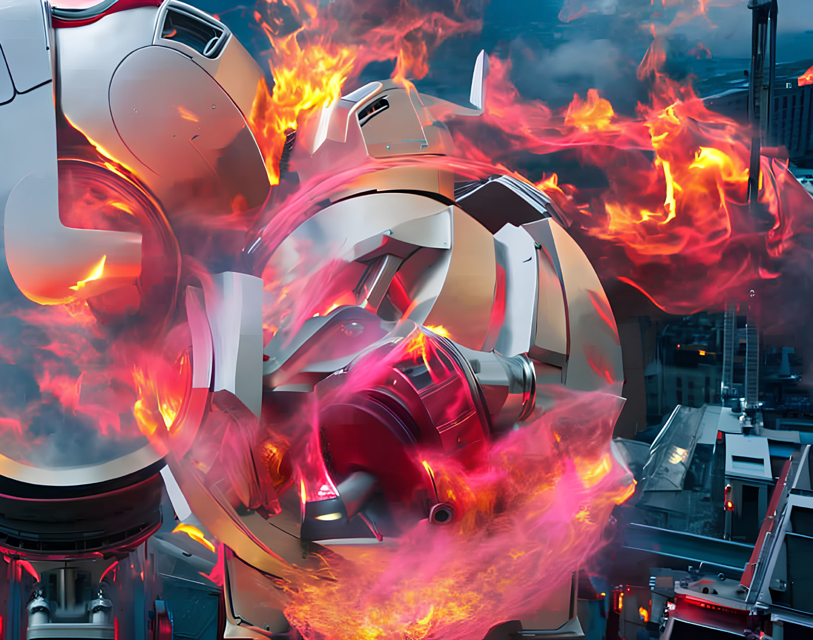 Futuristic white and red robot in fiery battle scene