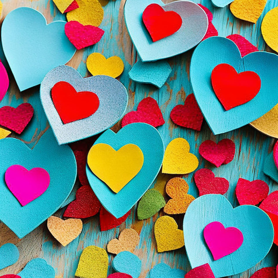 Vibrant paper hearts on wooden surface symbolize love