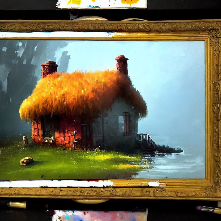 Thatched roof cottage digital painting in golden frame on easel