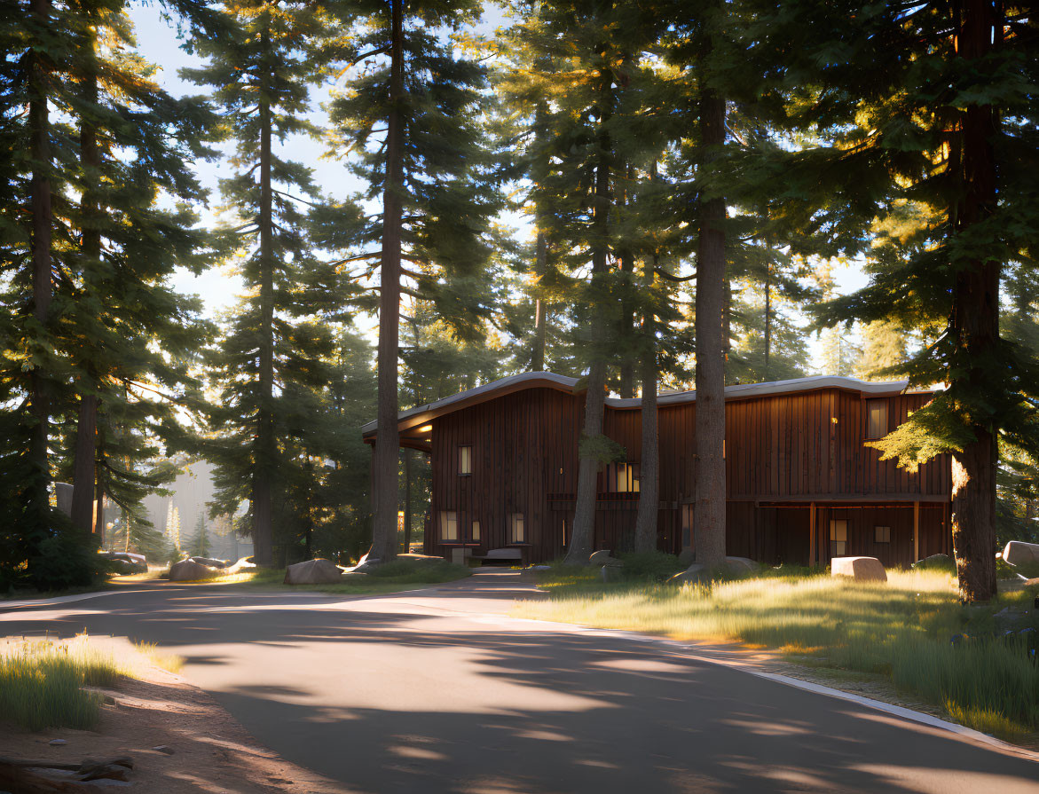 Sunlit Pine Trees and Forest Road by Cozy Cabins