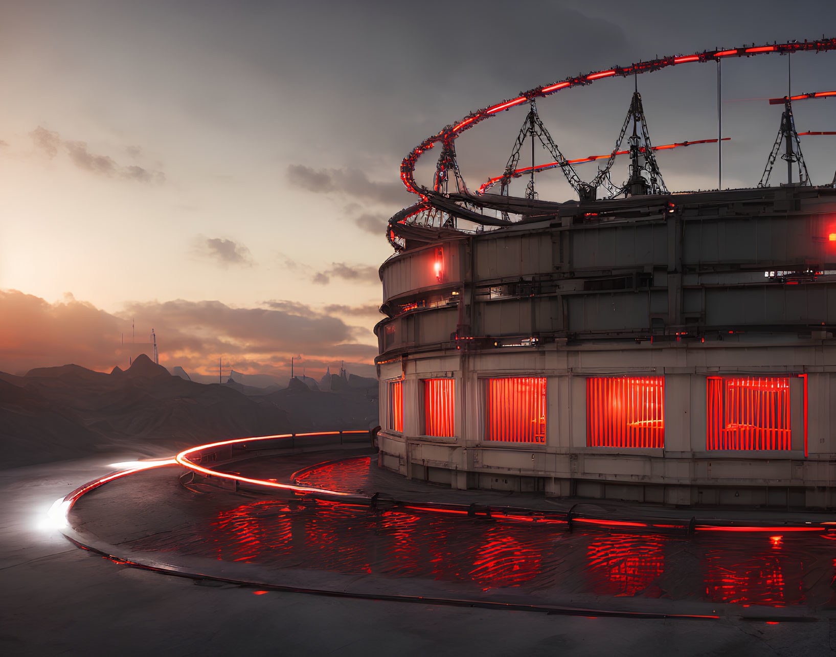 Futuristic building with red lights and roller coaster track against mountainous backdrop