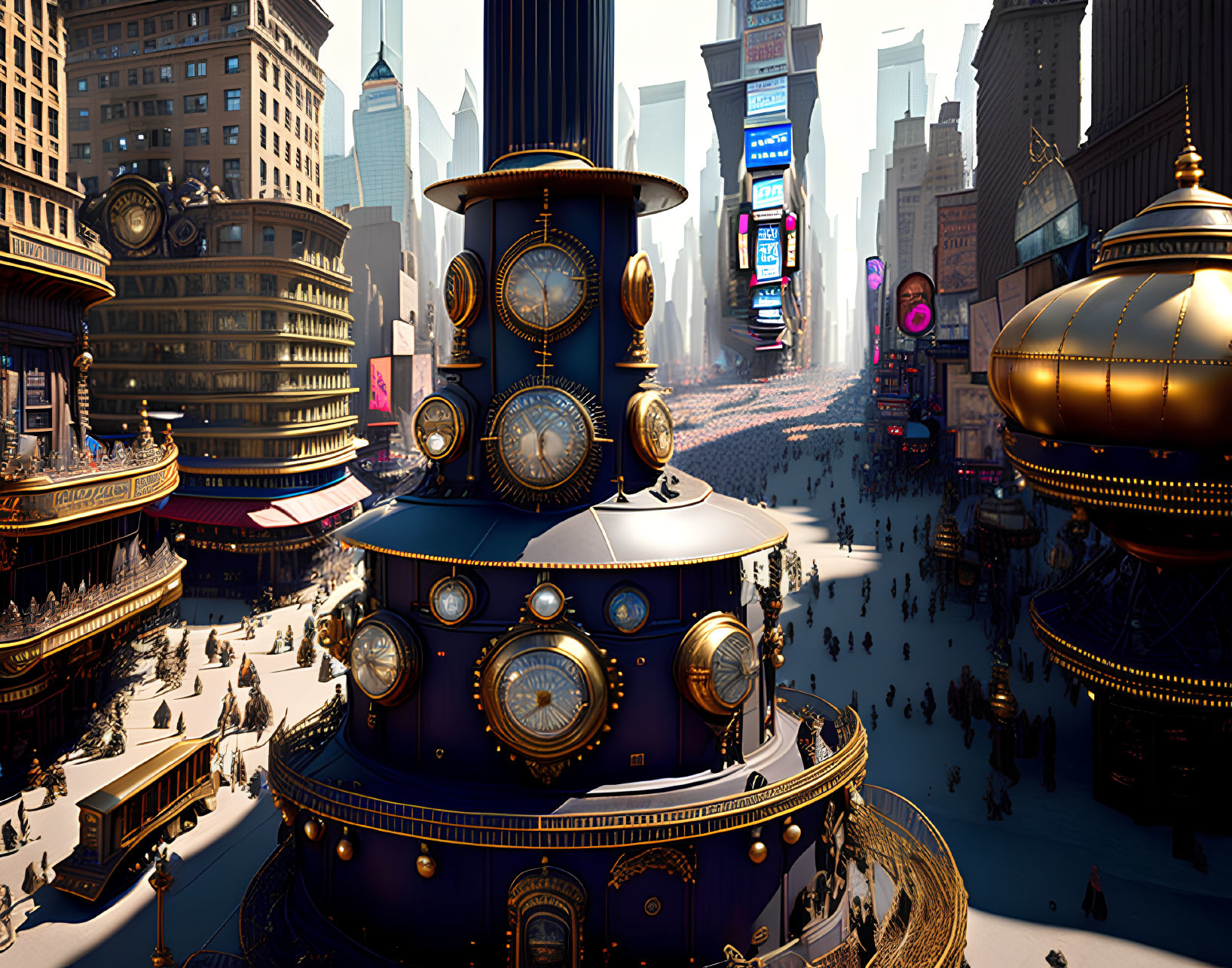 Steampunk-inspired cityscape with ornate clockwork buildings