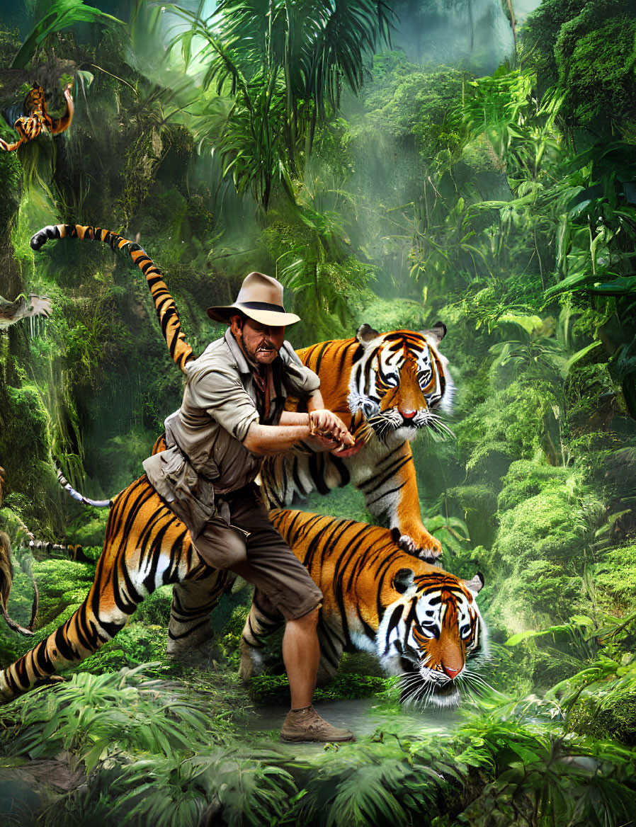 Explorer in hat playfully wrestling with friendly tigers in lush jungle