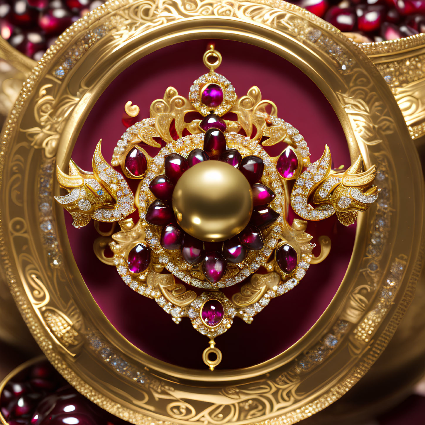 Intricate golden mandala with ruby gemstones and central sphere on crimson background