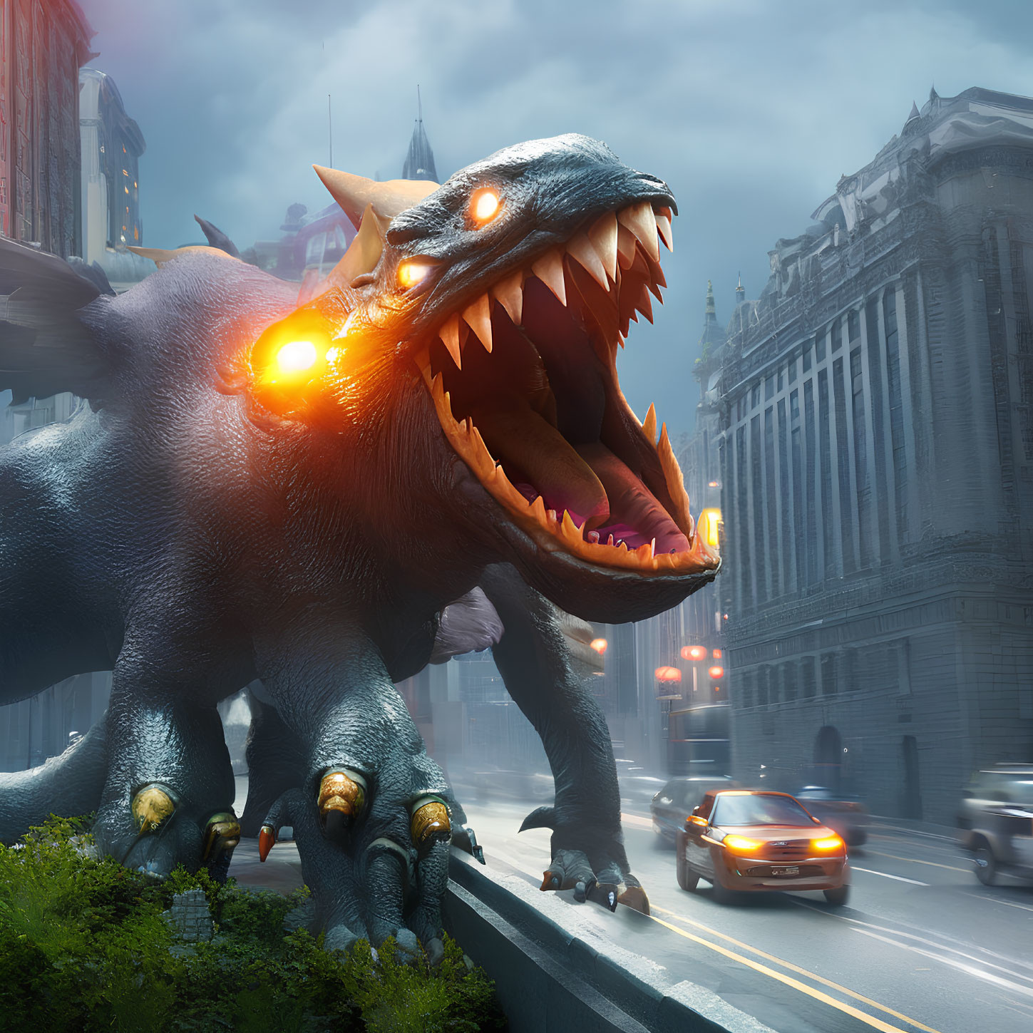 Glowing-eyed dinosaur with fiery breath on city street