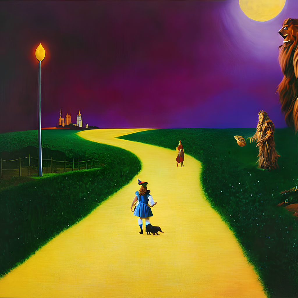 Wizard of Oz characters on Yellow Brick Road with purple sky