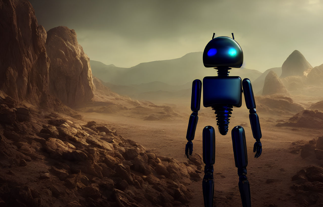 Humanoid robot on Mars-like rocky landscape with hazy sky