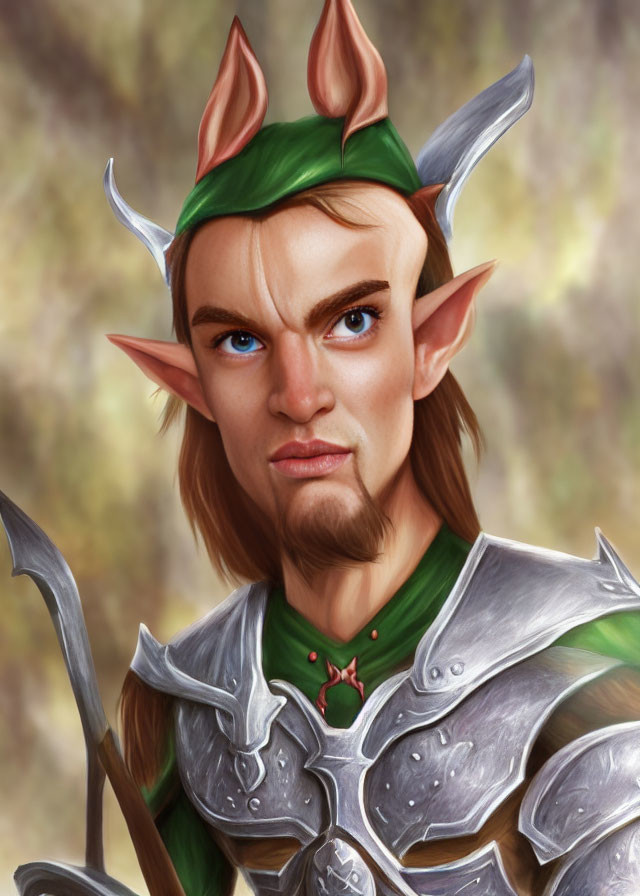 Elf with pointed ears in green tunic and silver armor holding a spear in forest.