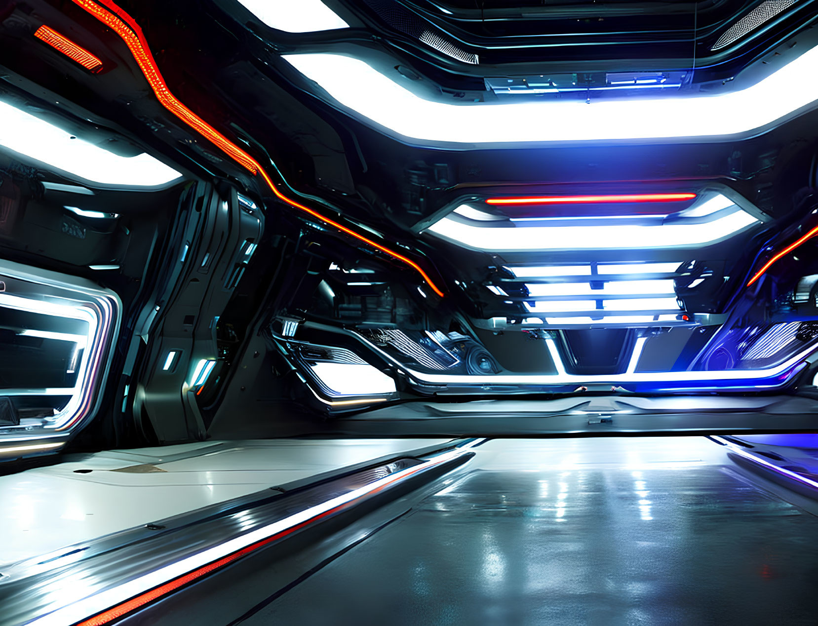 Futuristic corridor with metallic surfaces and neon lights