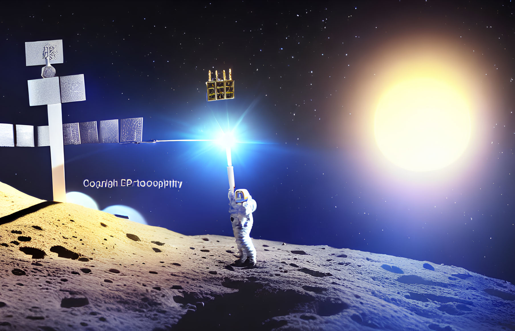 Astronaut taking selfie on lunar surface with Earth's satellite array and bright sun.