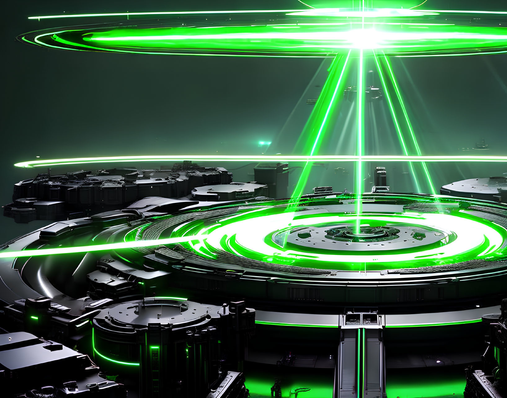 Futuristic cityscape with glowing green circles and light beams