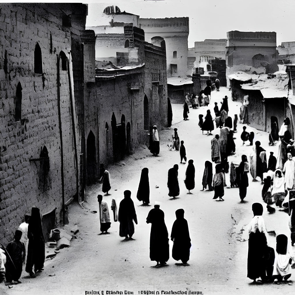 Monochrome image of people in historic street with traditional architecture