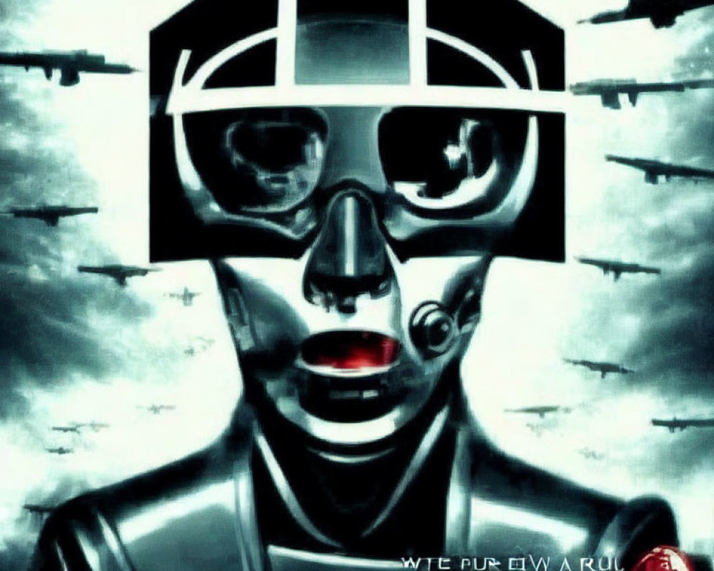 Geometric eyewear on humanoid figure in dystopian-themed artwork