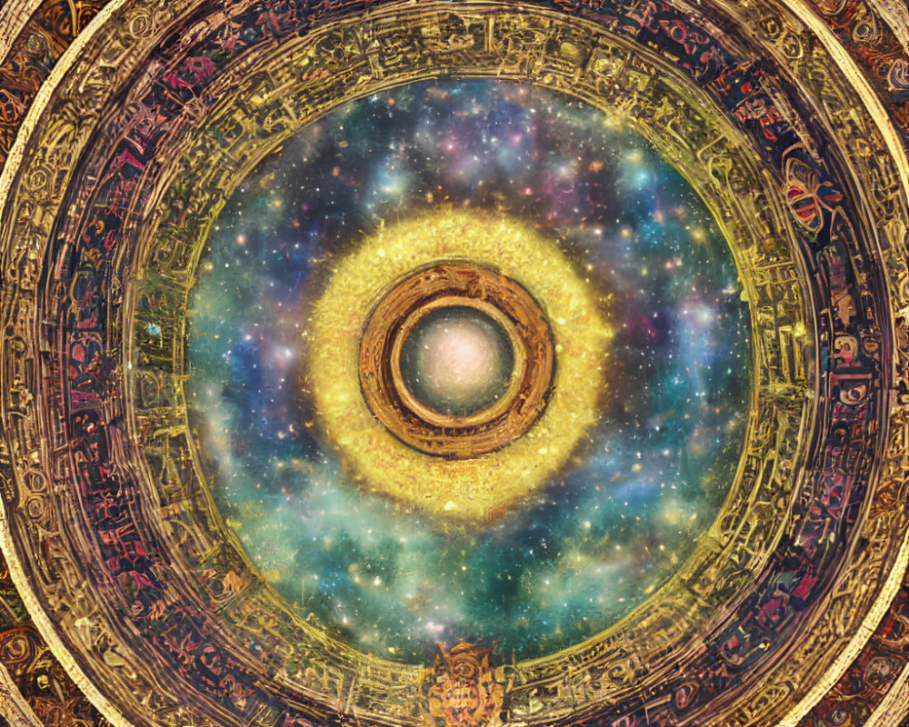 Cosmic eye and ornate patterns merge with starry nebula in mystical artwork