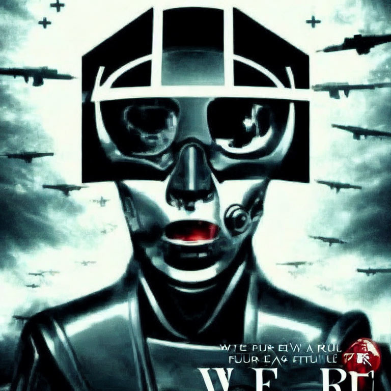 Geometric eyewear on humanoid figure in dystopian-themed artwork