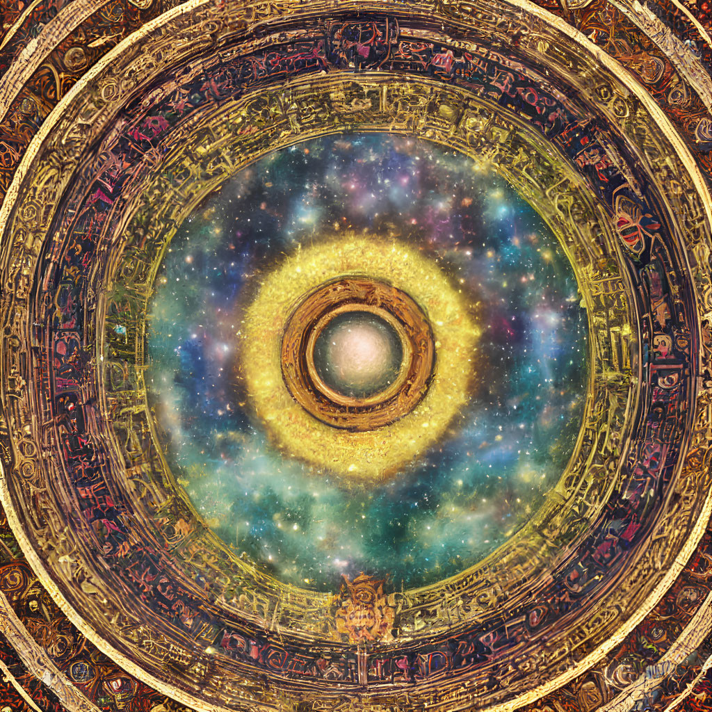 Cosmic eye and ornate patterns merge with starry nebula in mystical artwork