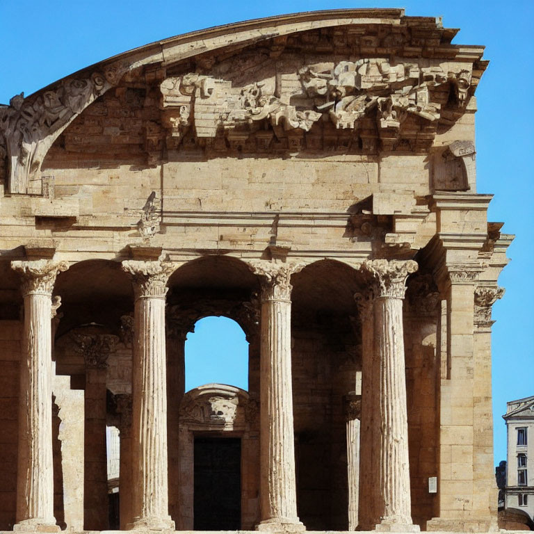 Roman structure with Corinthian columns and pediment sculptures