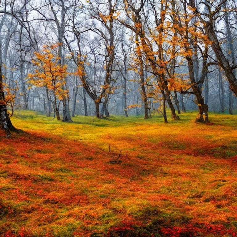 Vibrant autumn forest with twisted trees, red fern carpet, and misty ambiance