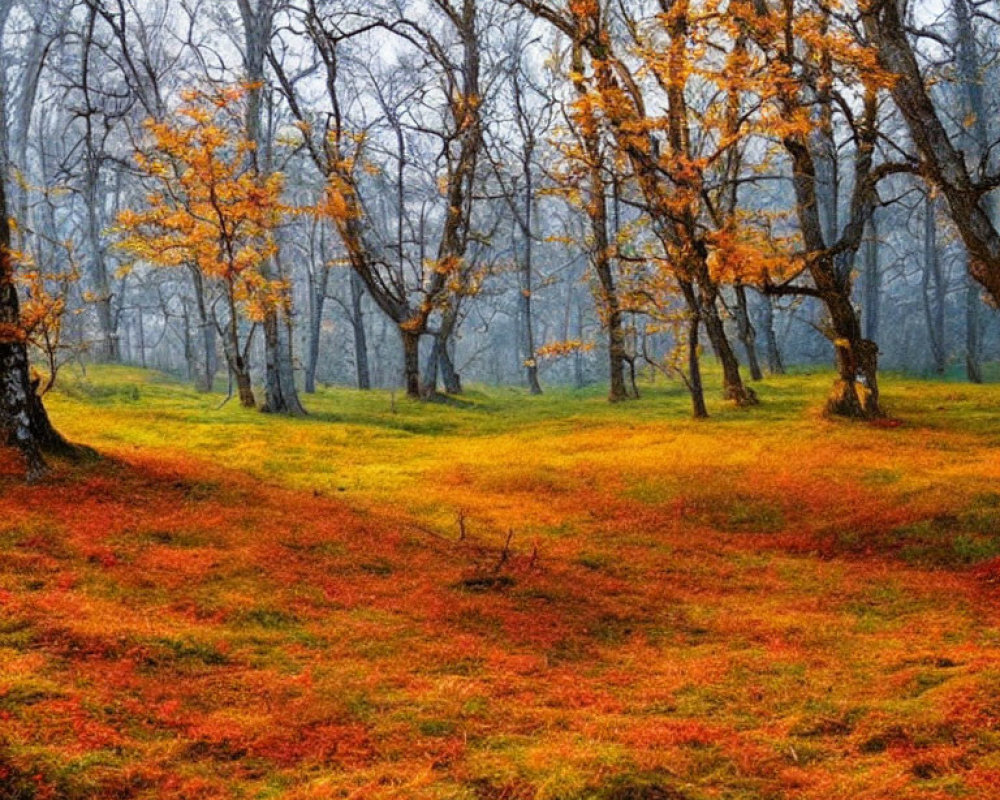 Vibrant autumn forest with twisted trees, red fern carpet, and misty ambiance