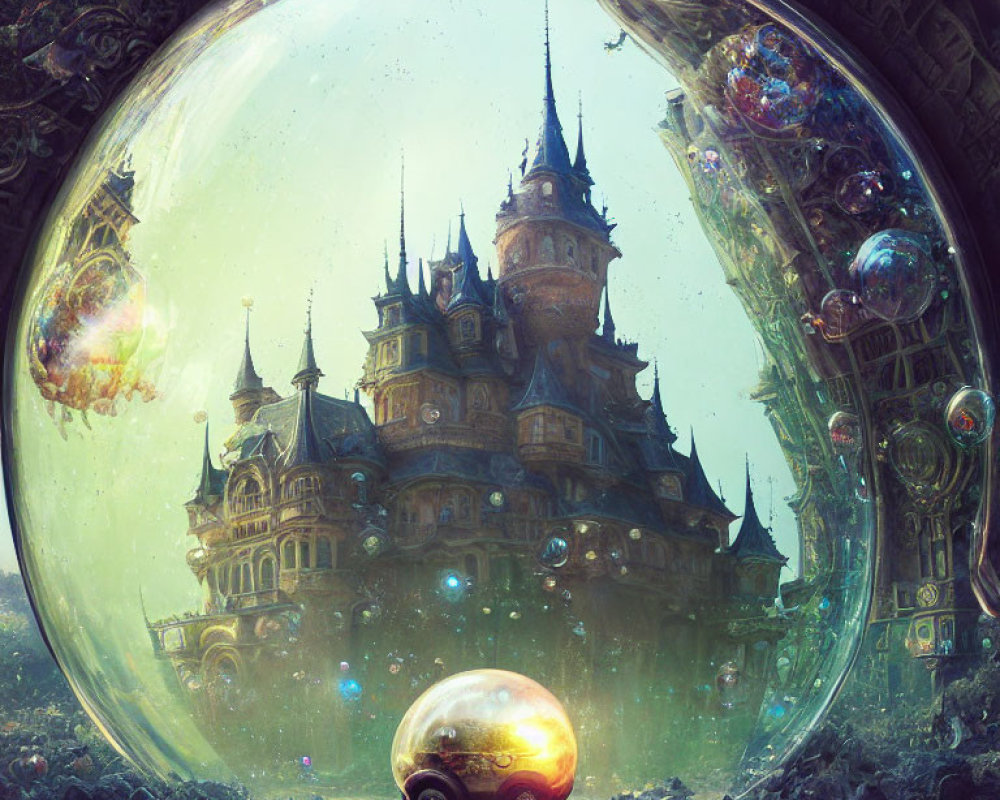 Fantastical castle in bubble with floating orbs and vehicle in dreamy setting